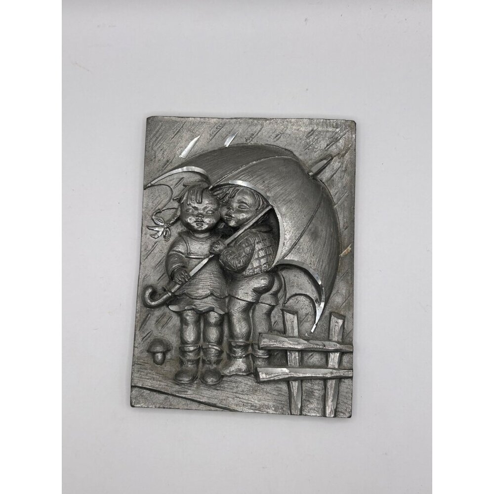 Vintage SMR Italy Pewter Wall Plaque With Children Under Umbrella